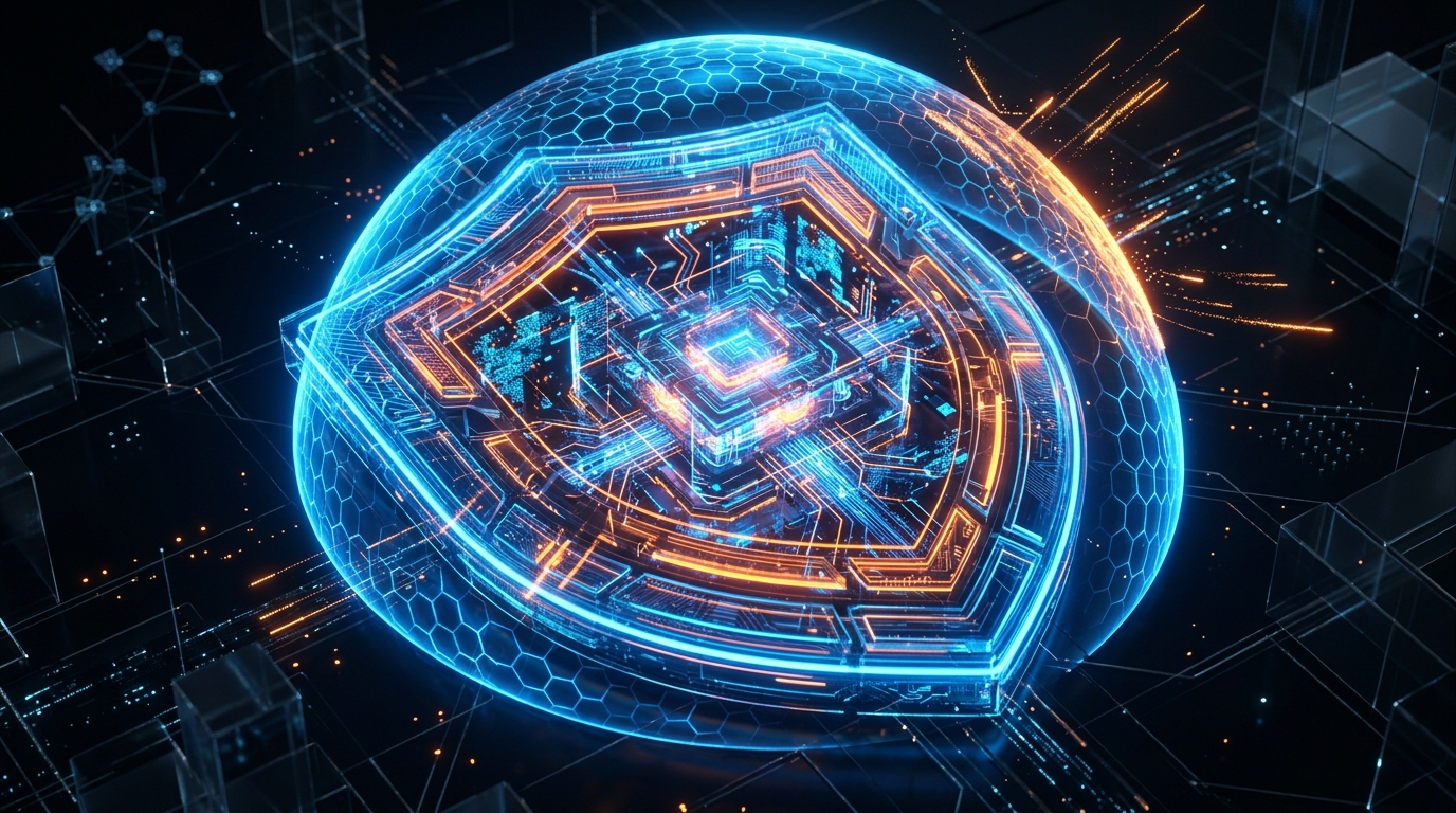 Advanced Cyber Security Shield protecting a WordPress data core